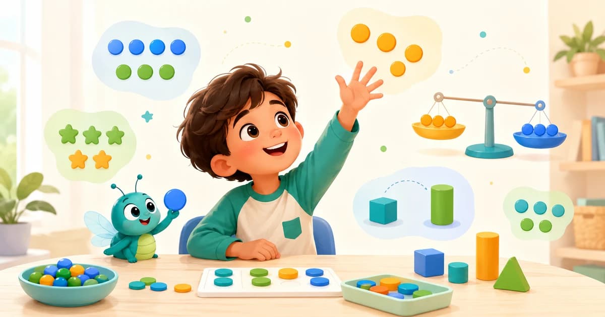 Ребёнок увлечённо занимается математикой через игровые образы, фигуры и предметы для счёта.
